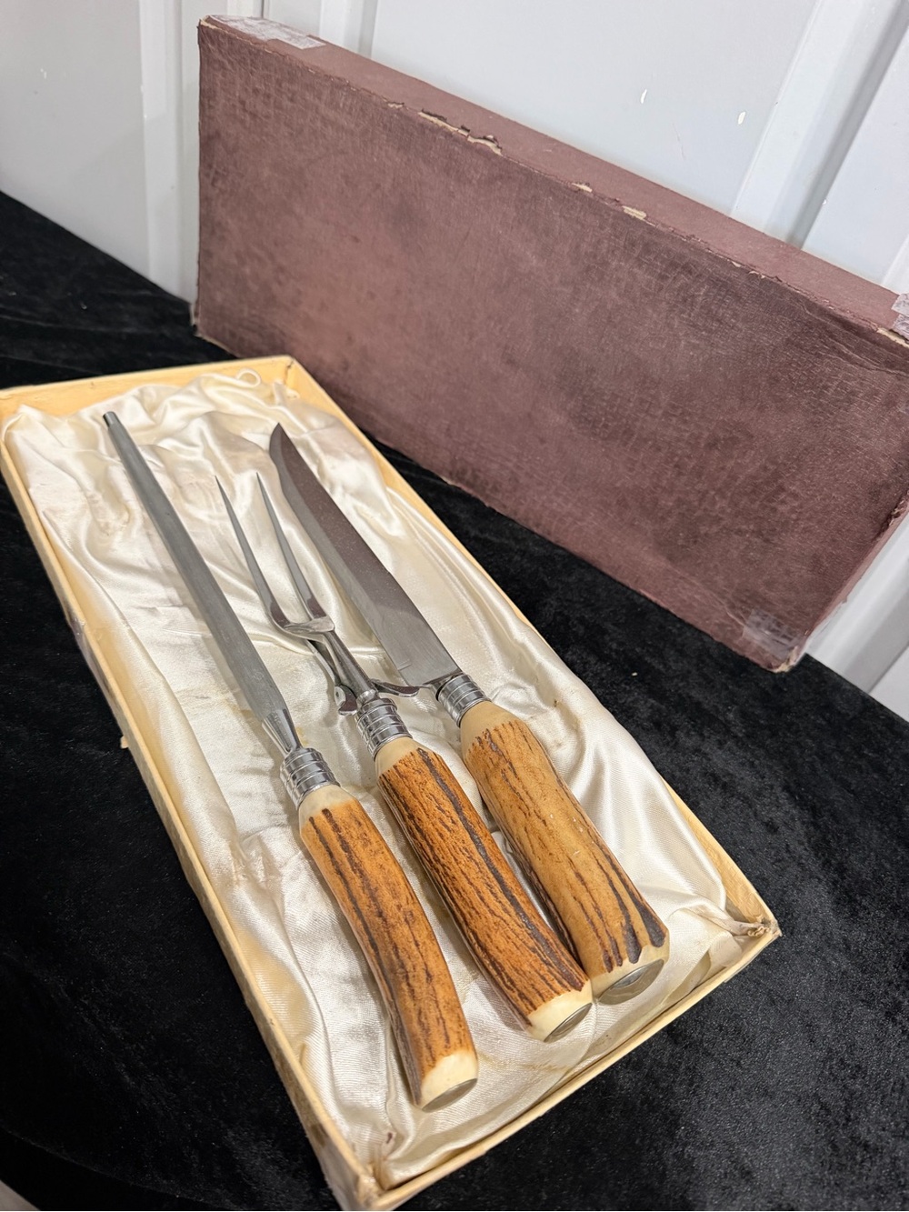 Vintage Sheffield Carving Set Rusnorstain Steel & Bone Brown Handles